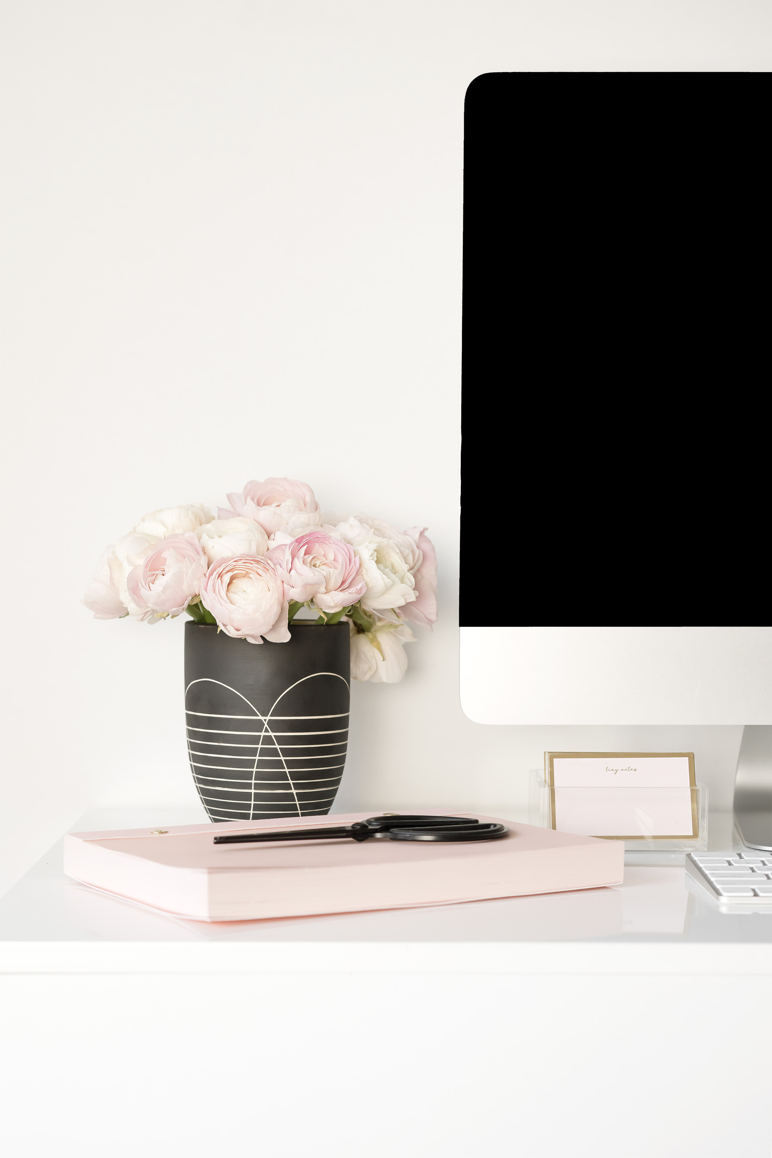 Blush Workspace with iMac. Canva essentials online course the step-by-step program to guide you through all the essentials you need even with zero design skills