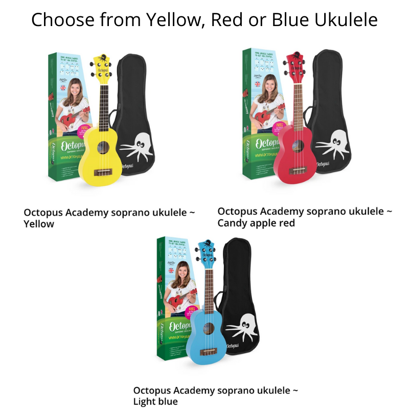 three different coloured ukuleles showing the choice