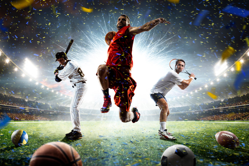 adult athletes playing baseball, tennis, and basketball