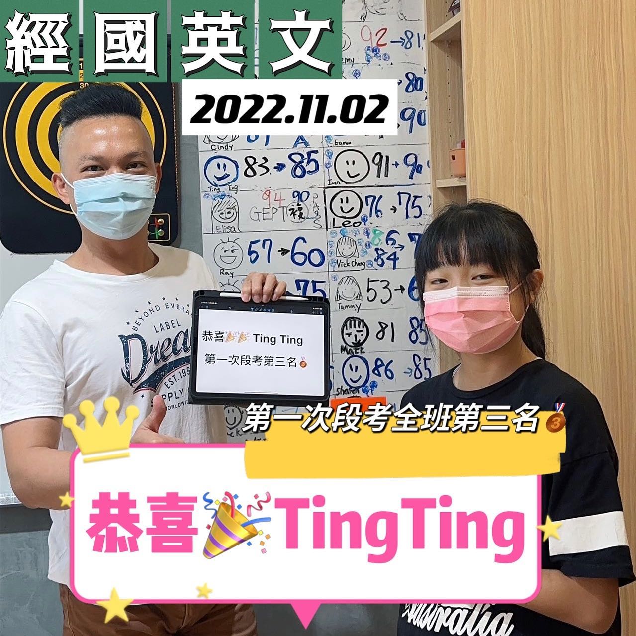 捷報連連🎉🎉🎉 文昌國中二年級TingTing，第一次段考全班第三名🥉 再接再厲，向著新目標進發。🔝  #文昌國中 #補英文 #國中英文文法 #桃園蓺文特區英文教學 #國小國中英文教學 #多益教學 #小班英文教學 #高中英文文法 #全英文教學 #學英文