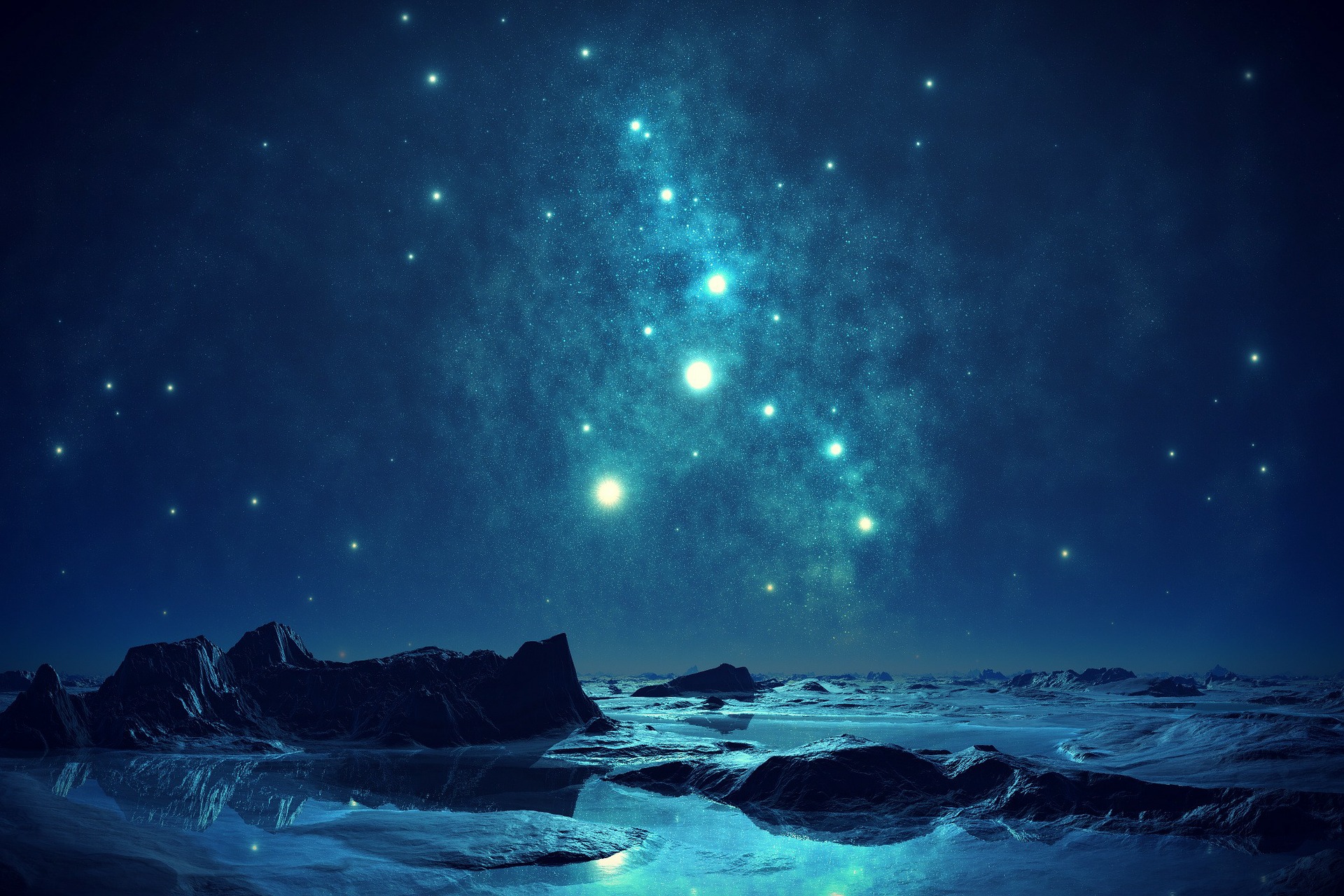 The Milky Way shines in a deep blue night sky above a sea of possibilities
