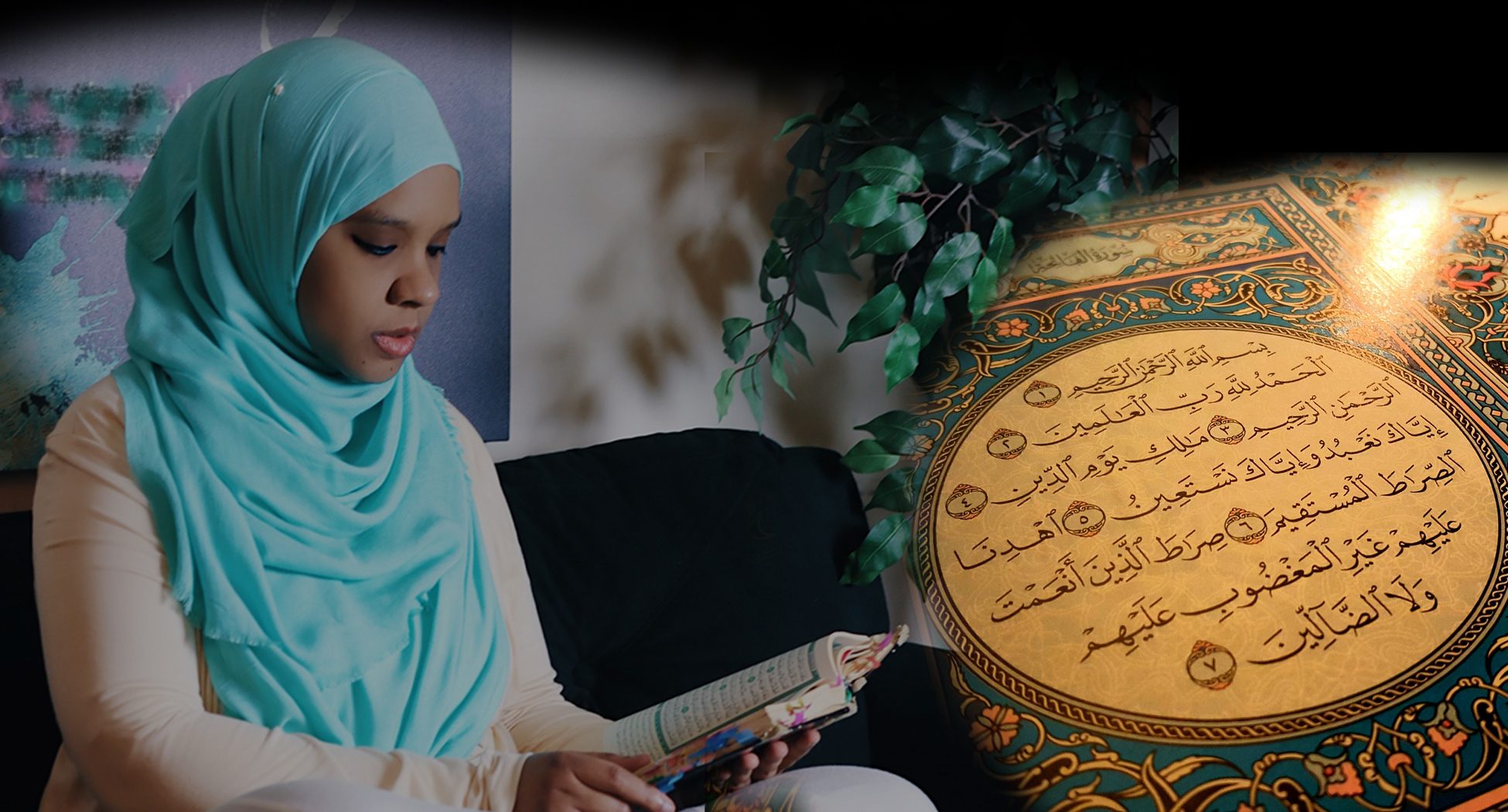 Photo of Umm Zakiyyah in blue hijab reading Qur