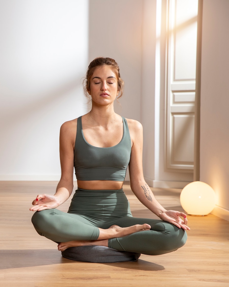 Girl meditating by the lake