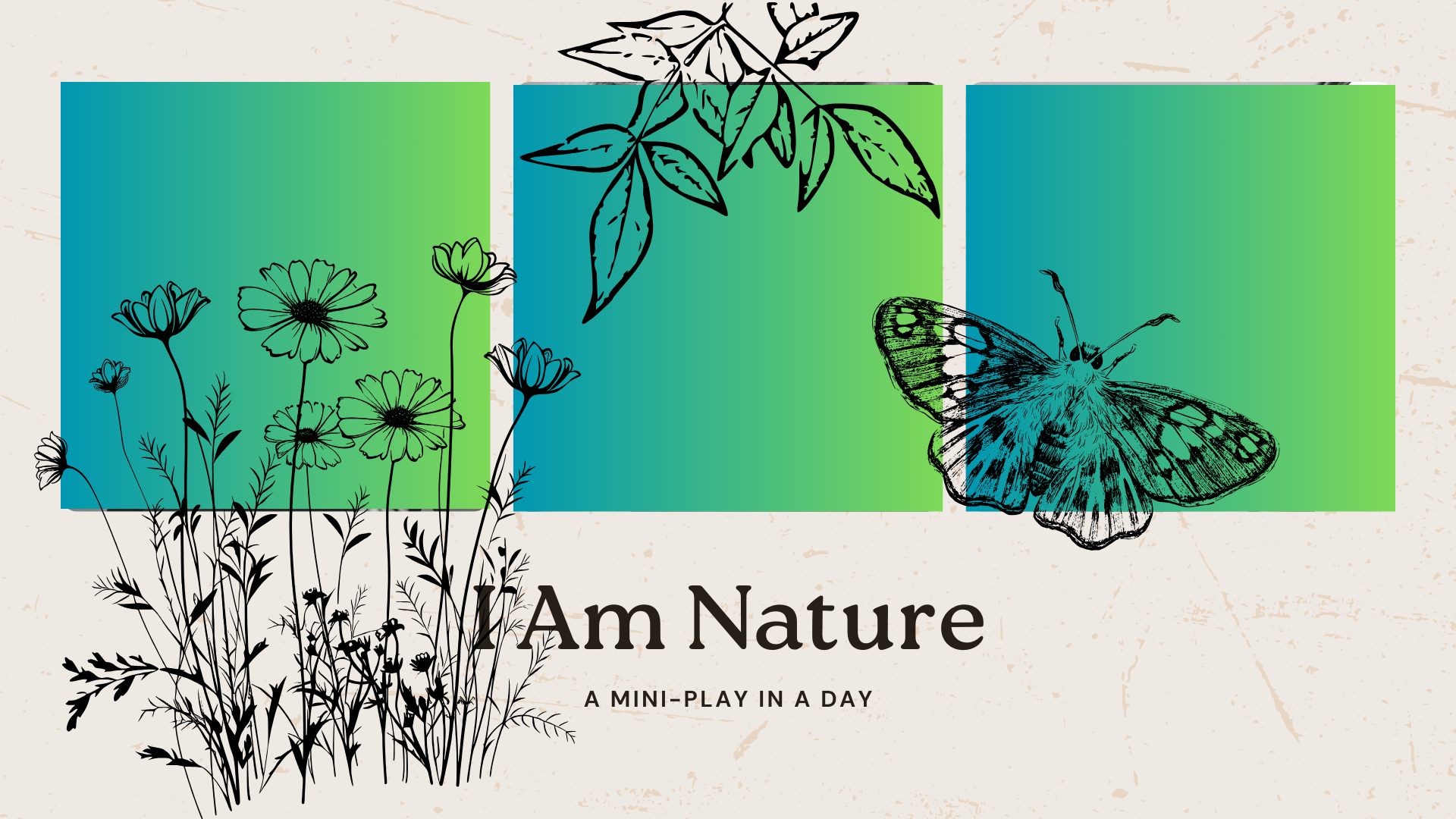 Black and white line drawings of wild flowers, vines and a butterfly over three blue-green panels.