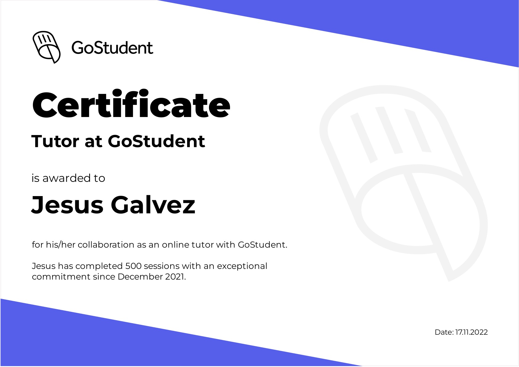 Certificado de 500 sesiones como tutor de Go Student