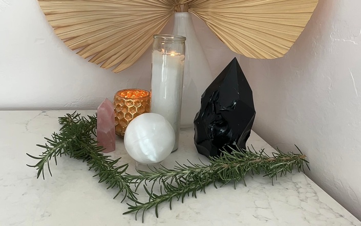 Candle and crystals