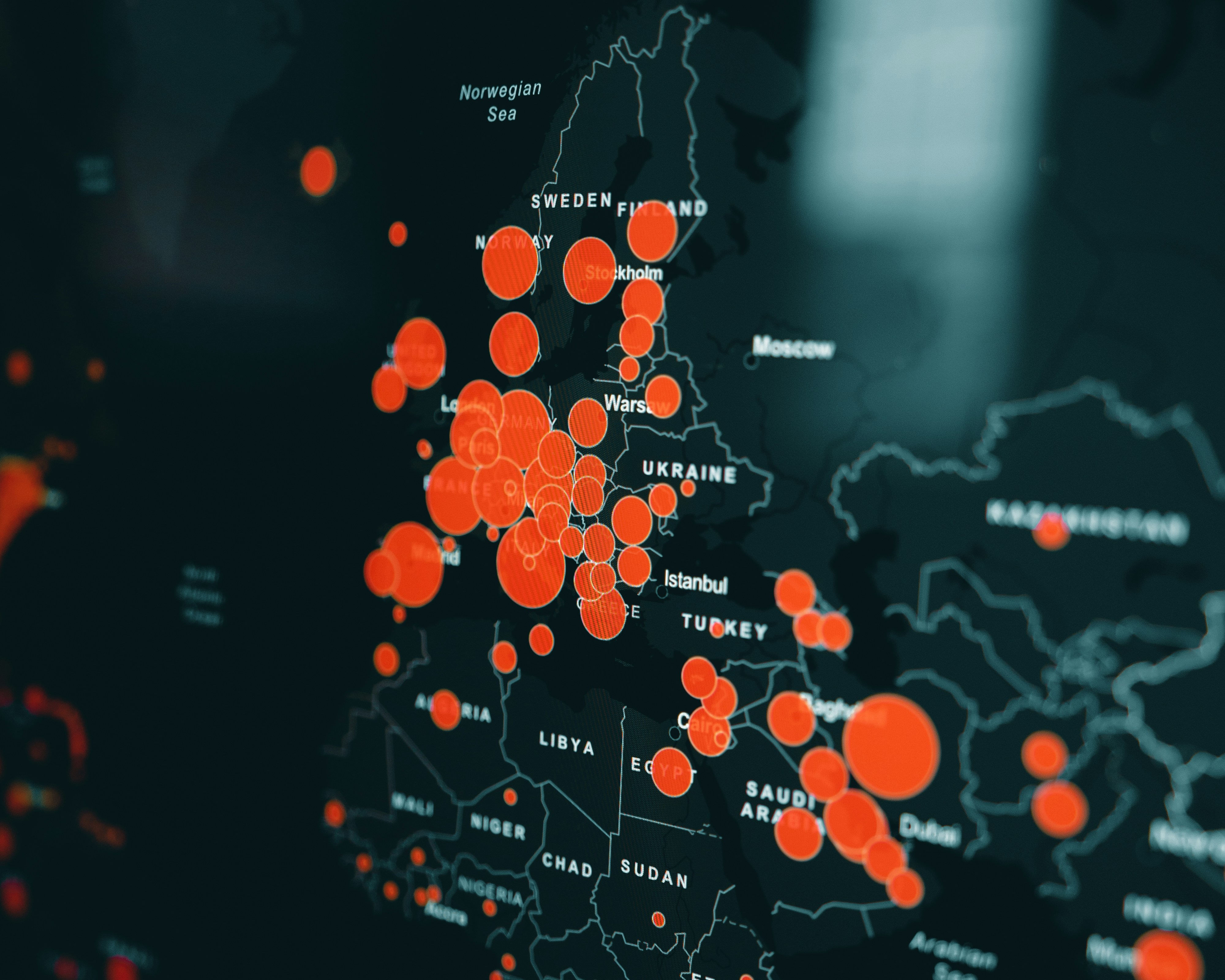 Image of countries with red spots marking cities