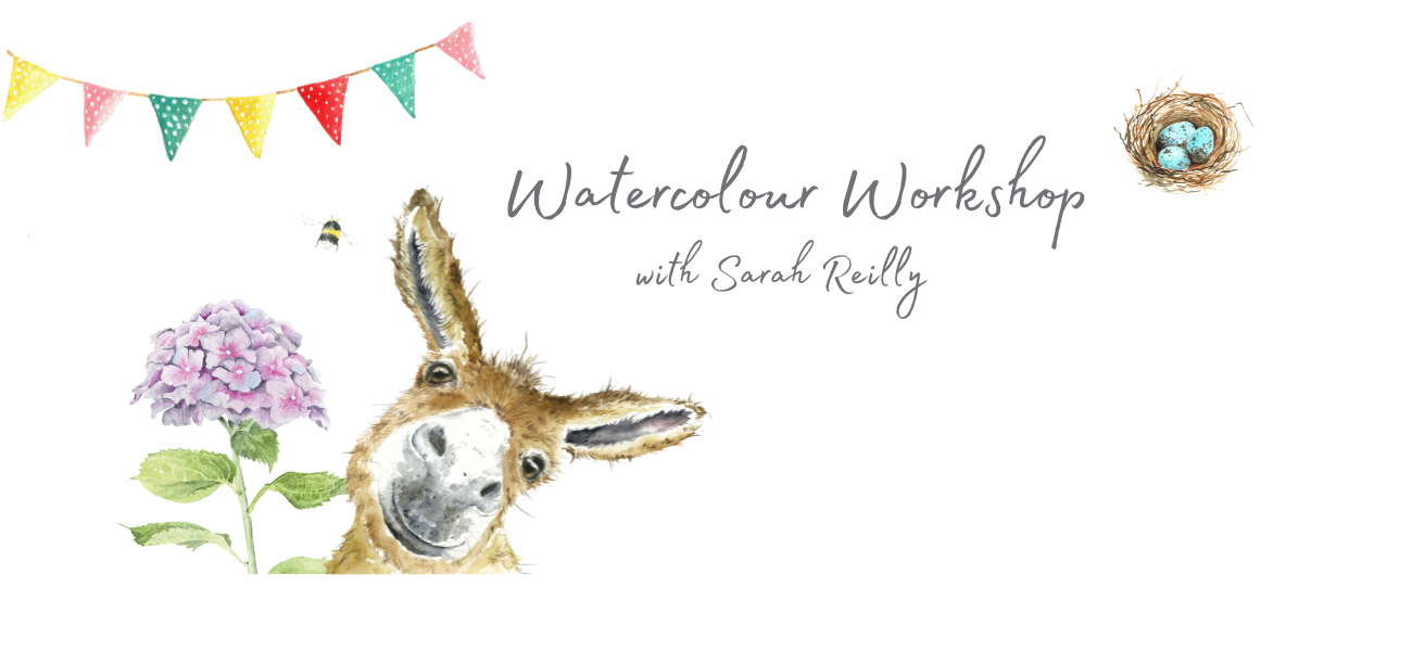 banner for watercolour workshop school online course learn to paint hydrangea flower and donkey