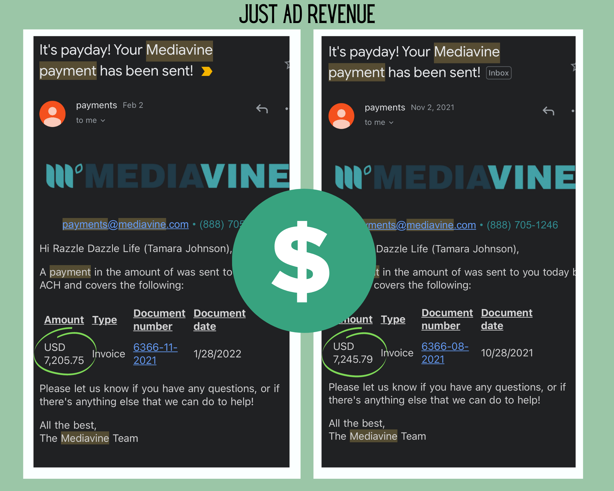 showing ad revenue from Mediavine. $7,205 in February 2022, and $7245 in November 2021