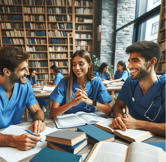 A group of three medical students in blue scrubs, with stethoscopes around their necks, is studying together in a library filled with books. They are smiling and engaging in a lively discussion, suggesting a collaborative learning environment. Other students can be seen in the background, contributing to the academic atmosphere.