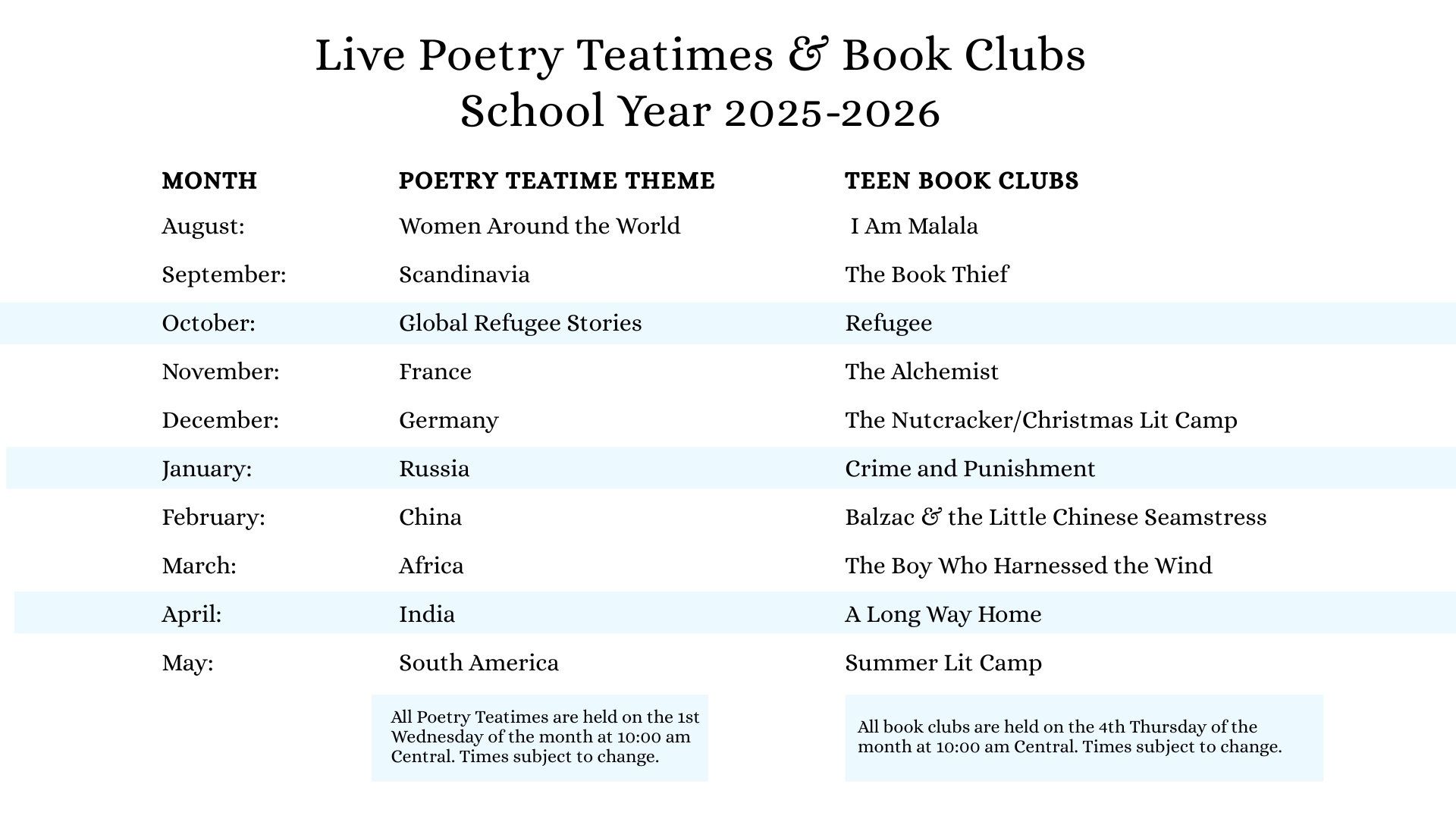 Live Class Times - Click the link for the full list for all ages