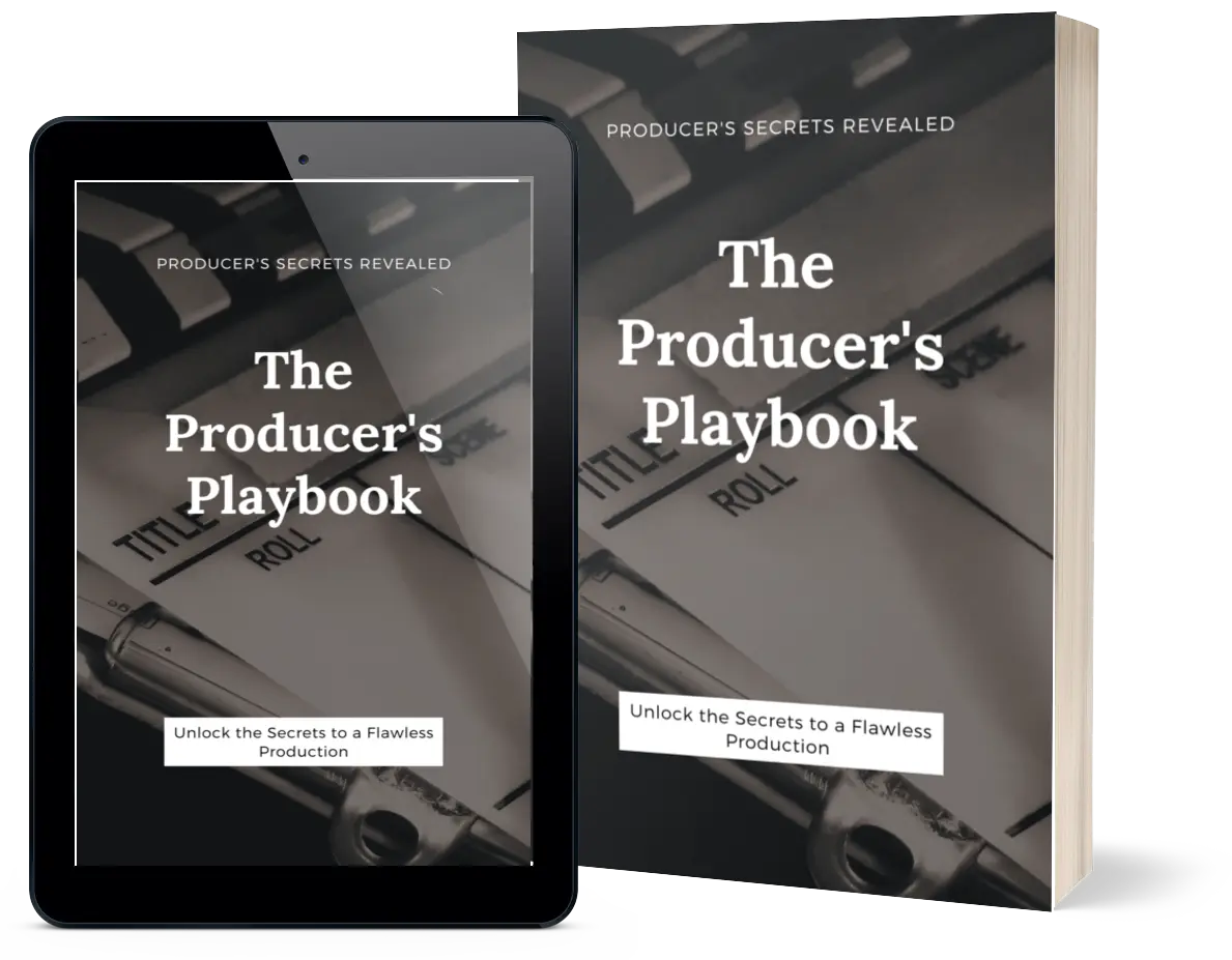 The Producers Playbook: Unlock the Secrets to a Flawless Production book cover displayed on a tablet and a physical book.