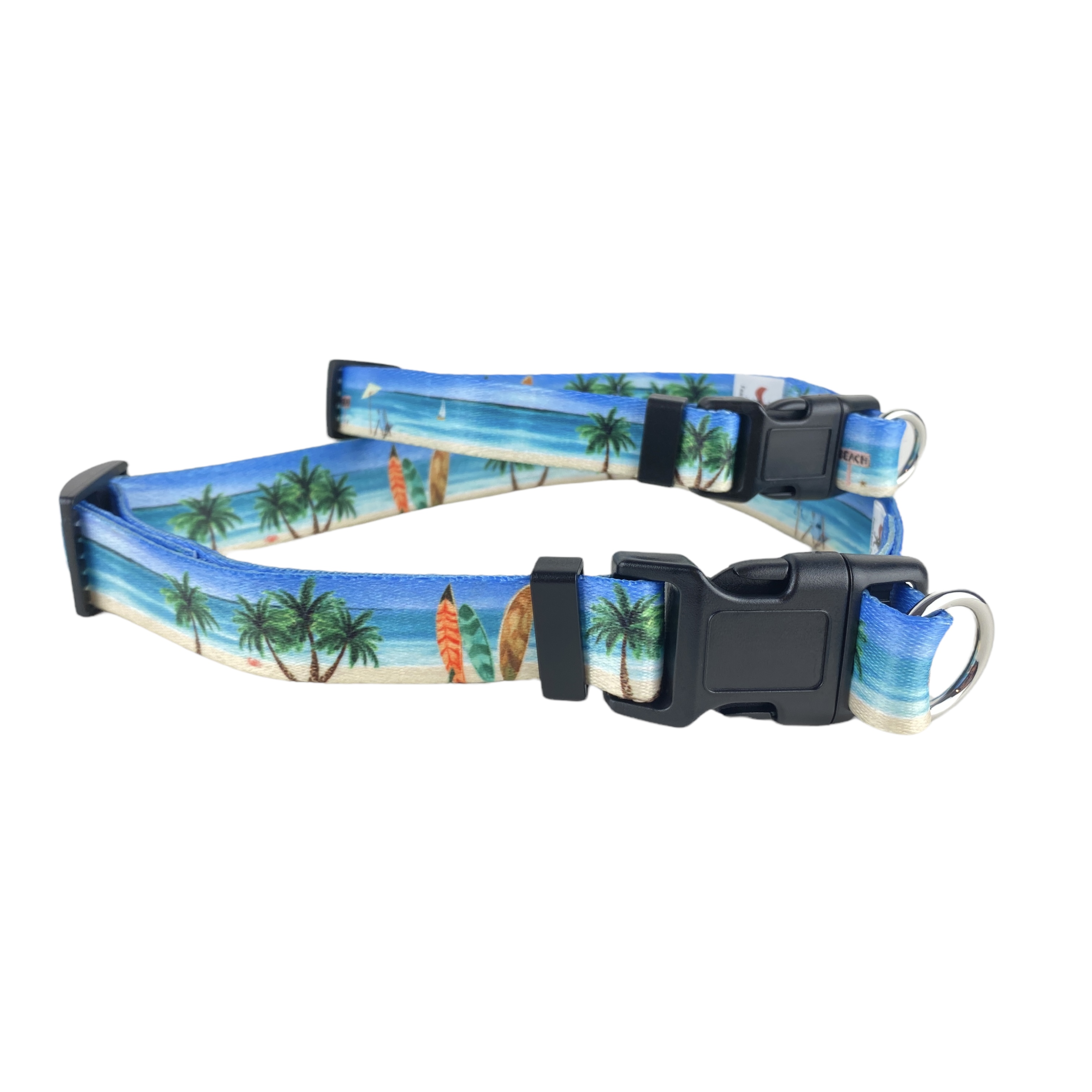 image of a Safe cinch no escape dog collar by fearless pet in a beach theme print with palm trees