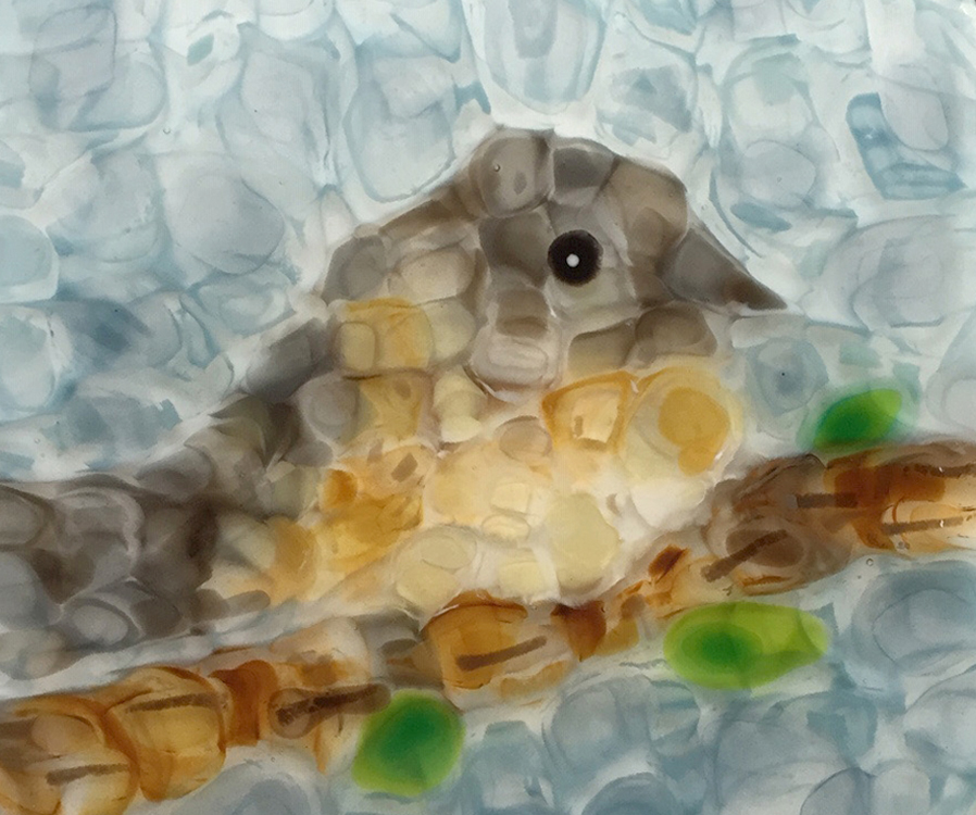 Watercolor Glass technique used to make a gray and tan bird