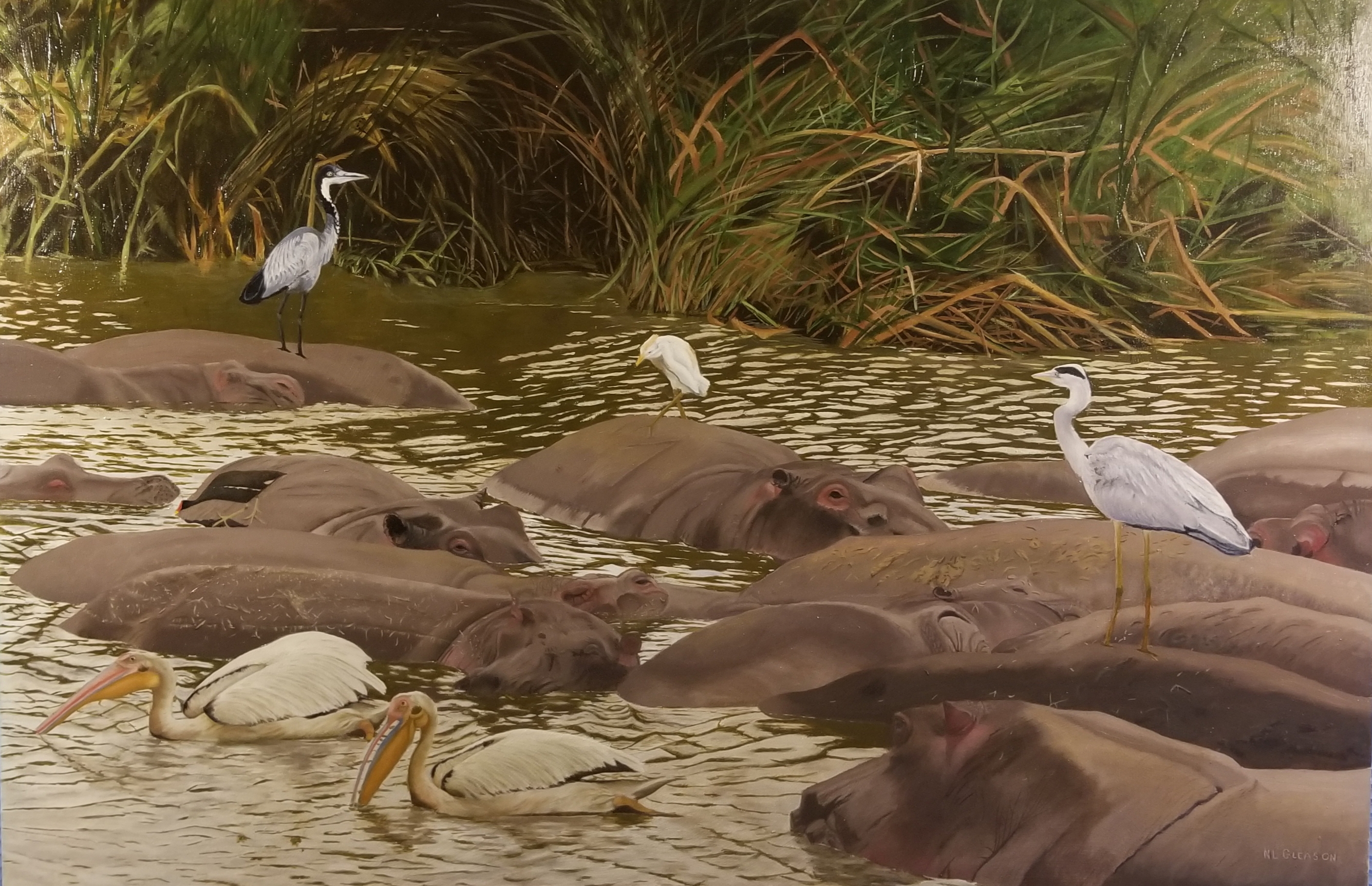 Oil painting of a hippo pool, testimonial from student, Nancy Gleason of RL Caldwell Studio