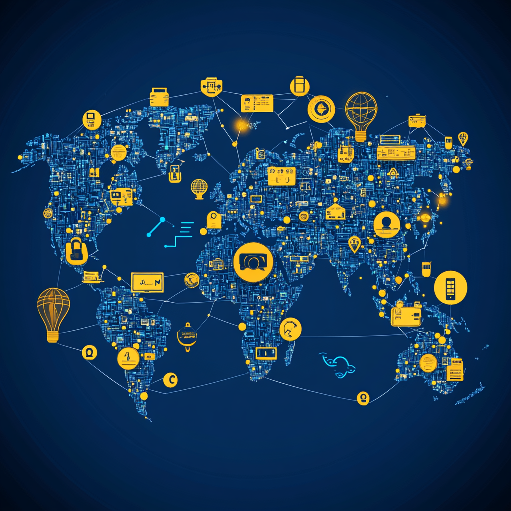 World map with communication icons, symbolizing global reach and accessibility at Peak Transformation University.