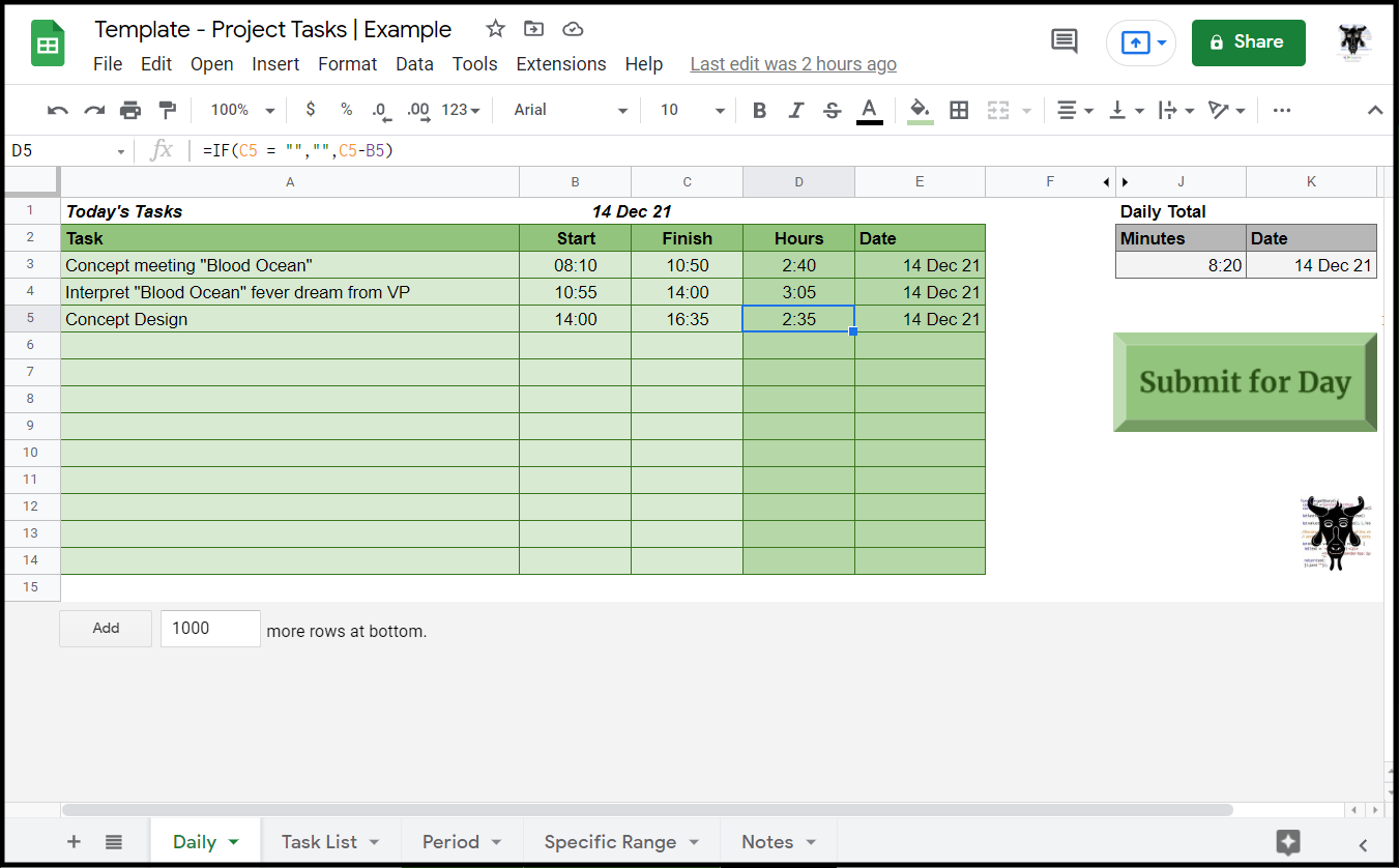 Google Sheets Project Tasks Manager - Daily Input
