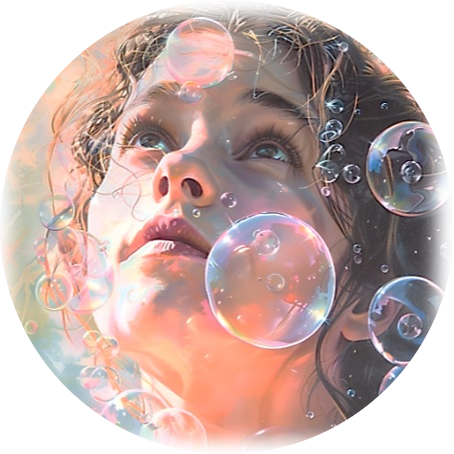 A close-up portrait of a young woman gazing upwards, surrounded by translucent bubbles that create a dreamy ambiance. The bubbles floating away symbolise the release of guilt and self-blame.