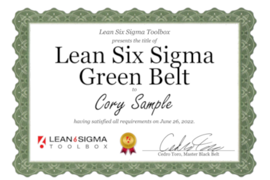 lean six sigma green belt certificate from lean six sigma toolbox