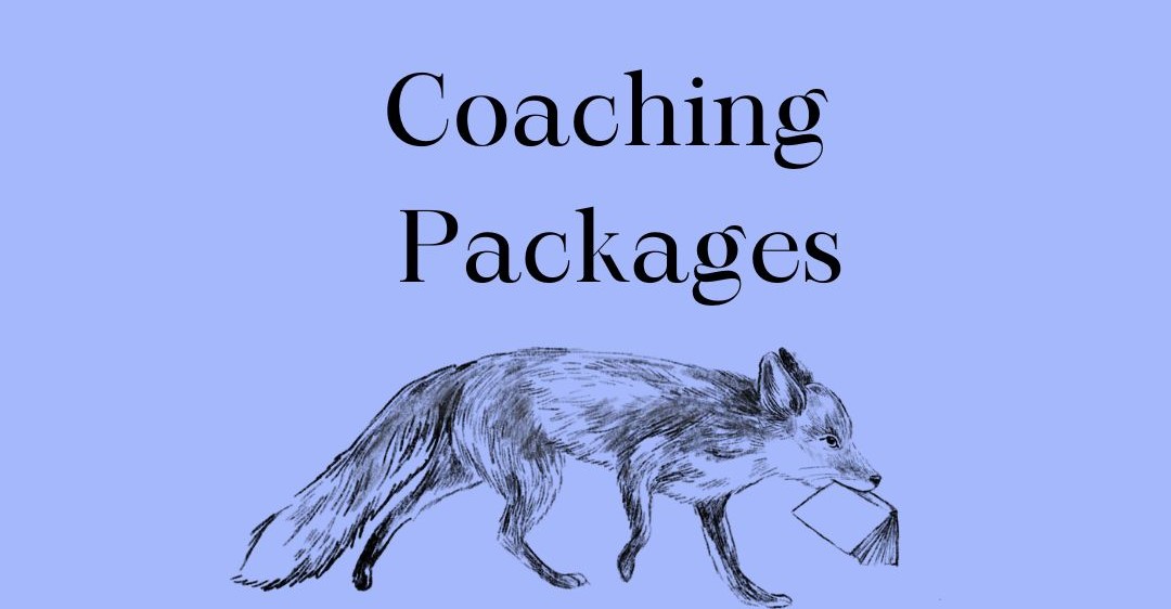 Sketch of a fox with a book in it's mouth and the words: Coaching Packages. Blue background 