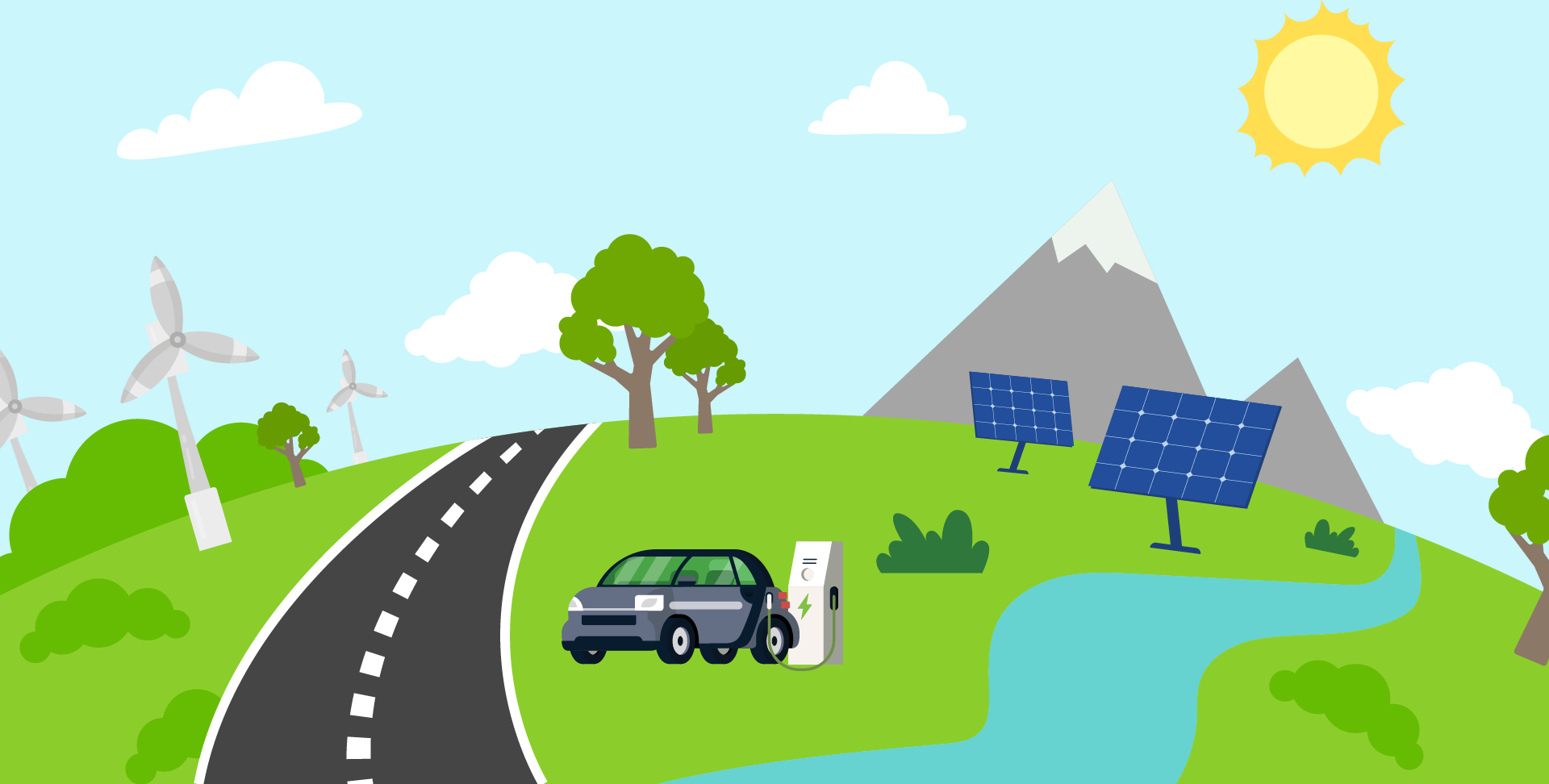 Graphic of grassy landscape with a road, river, electric car, trees, wind turbines, mountains, the sun, and solar panels.