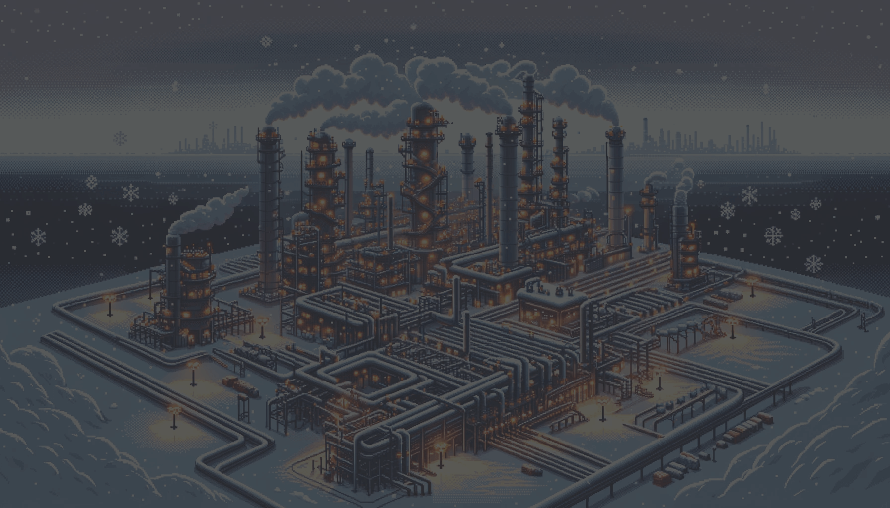 Une usine avec des pipelines de gaz en hiver sous la neigne en pixel art