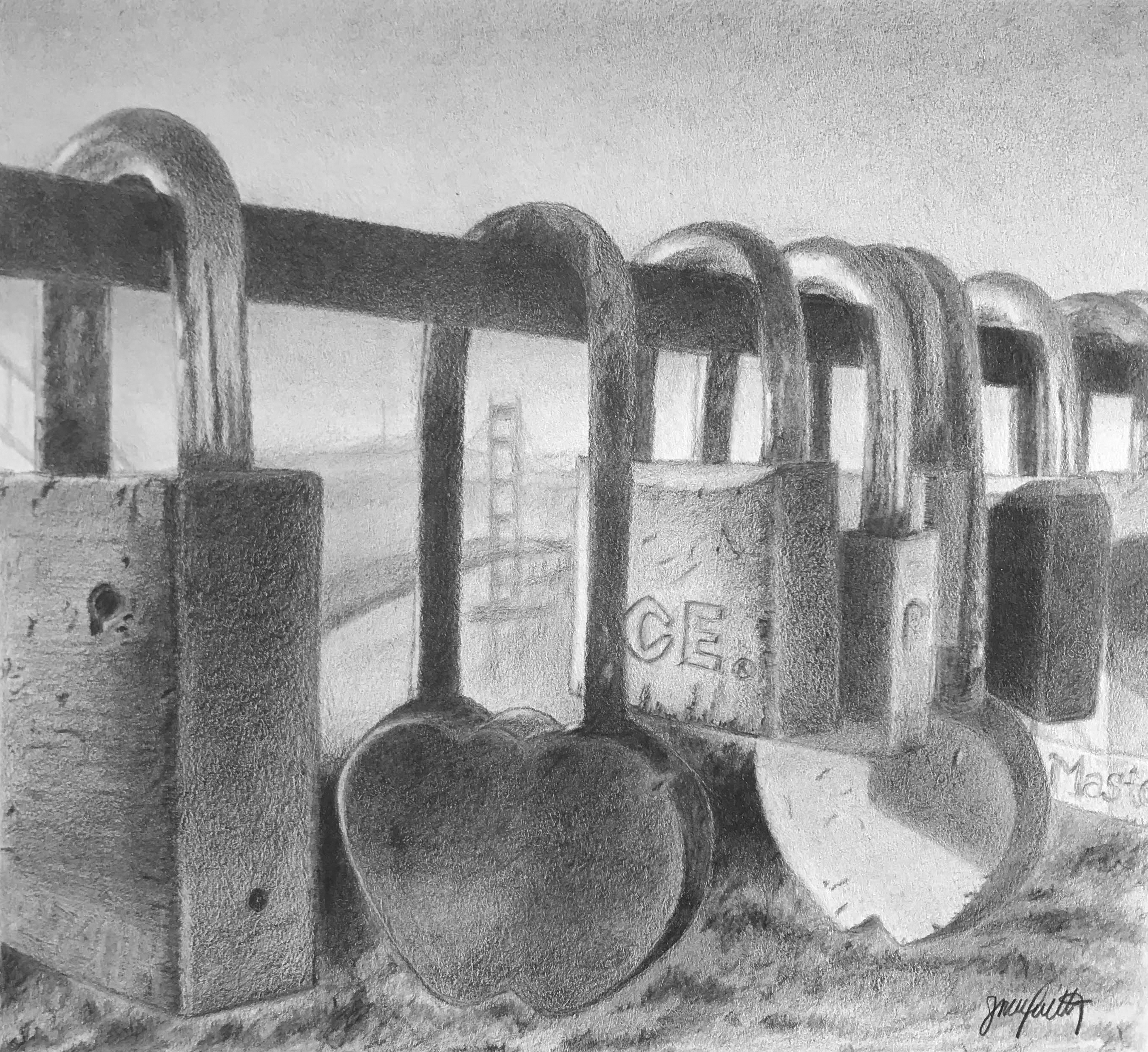 Graphite Drawing of locks on a bar, testimonial from student, Iris Toombs of RL Caldwell Studio