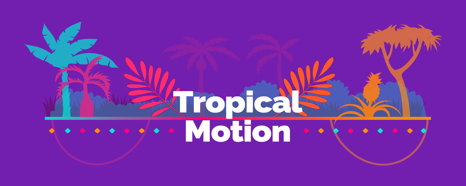 banner de la escuela tropical motion con vegetación tropical