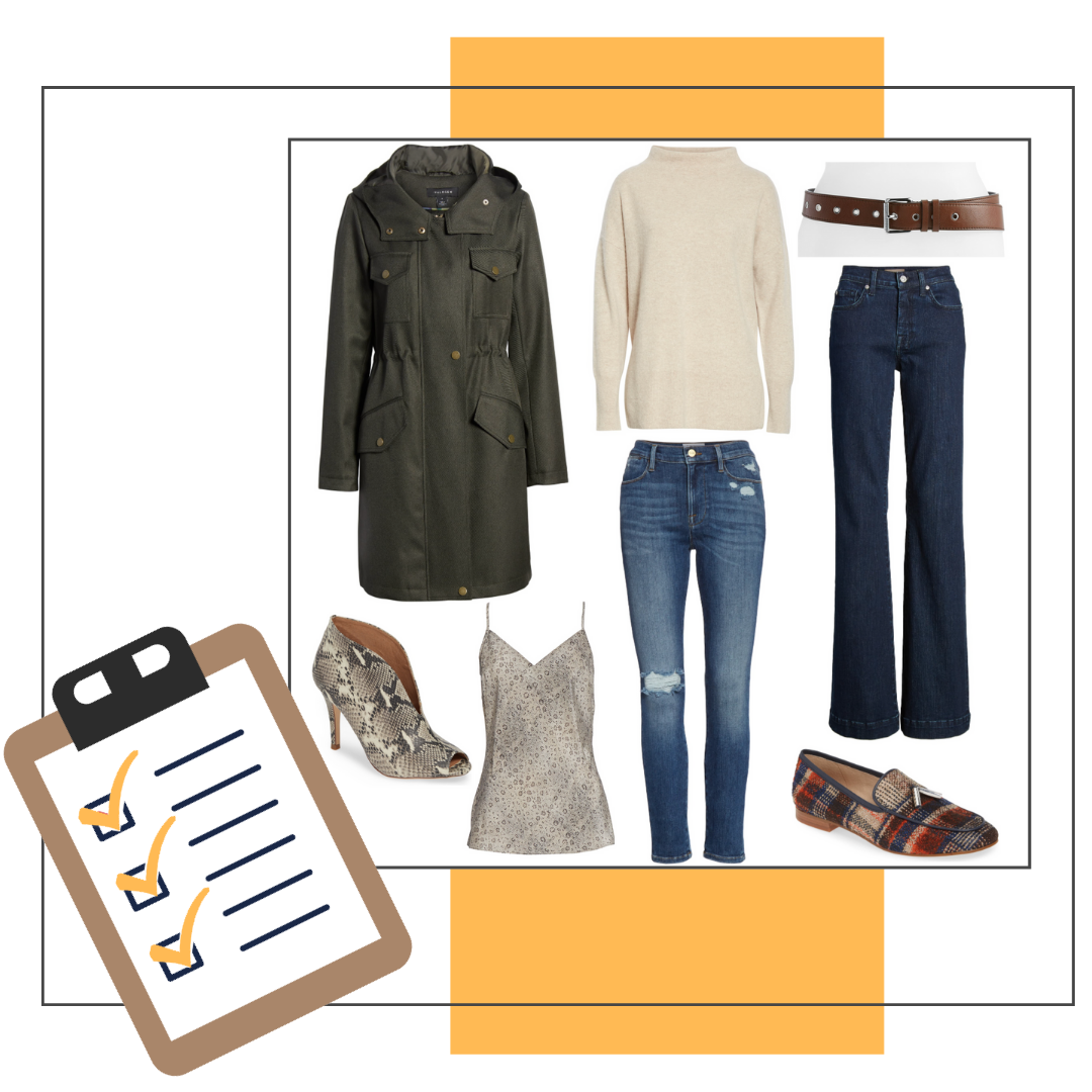 image of coat, sweater, jeans, pants, belt, shoes, and camisole next to check list