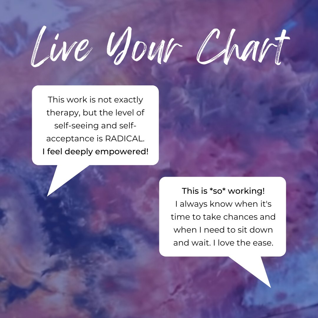 speech bubbles with testimonial language about the value of Live Your Chart membership and the Chart Harmony method