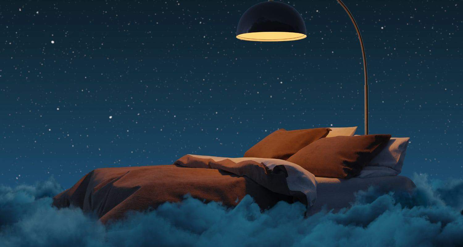 Bedtime procrastination welcome banner with an inviting bed under a lamp