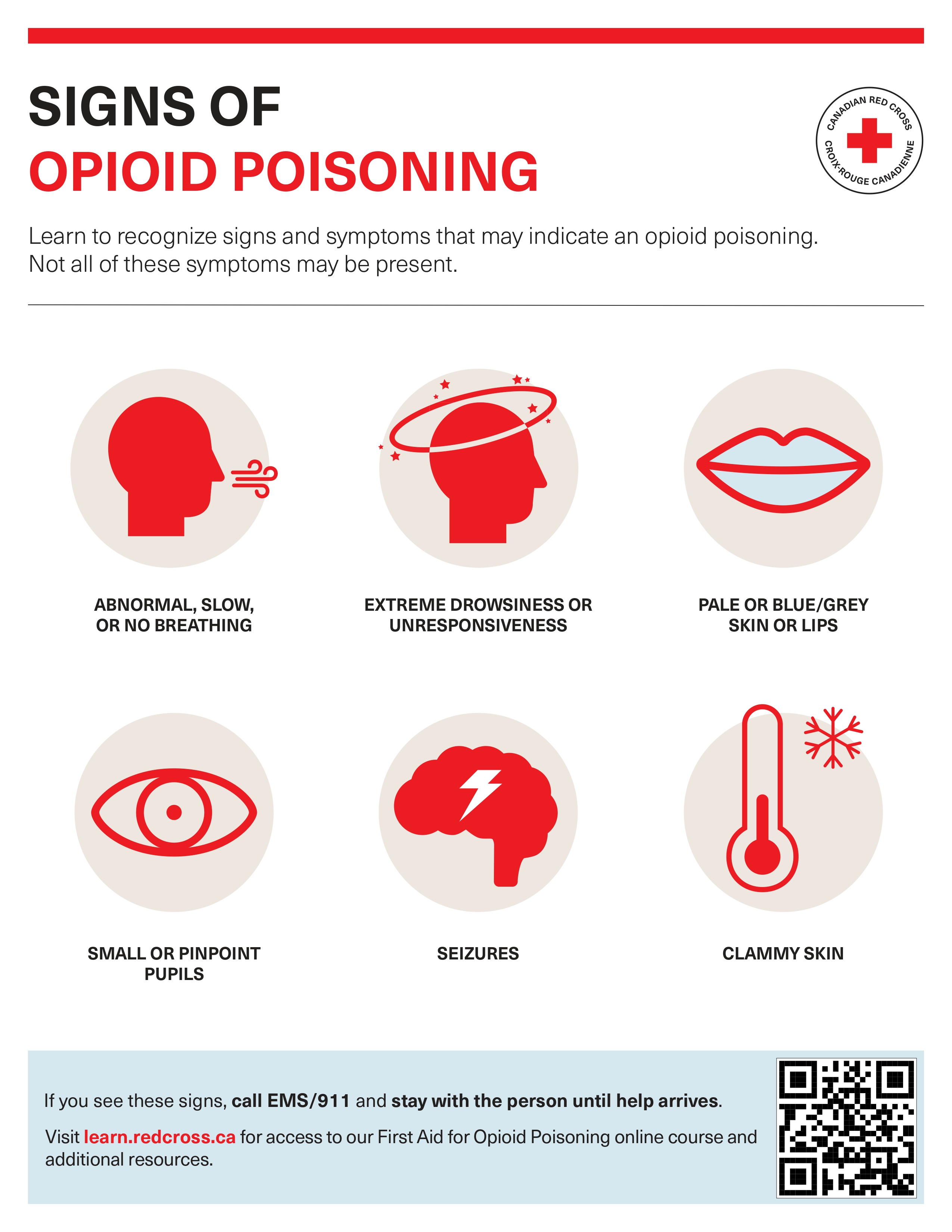 Poster of Signs of Opioid Poisoning by the Canadian Red Cross: learn to recognize signs and symptoms that may indicate an opioid poisoning. Not all of these symptoms may be present.  Abnormal, slow or no breathing Extreme drowsiness or unresponsiveness Pale or blue/grey skin or lips Small or pinpoint pupils Seizures Clammy skin If you see these signs, call EMS/911 and stay with the person until help arrives. Visit redcross.ca/OHR for information on training and opioid harm reduction initiatives.