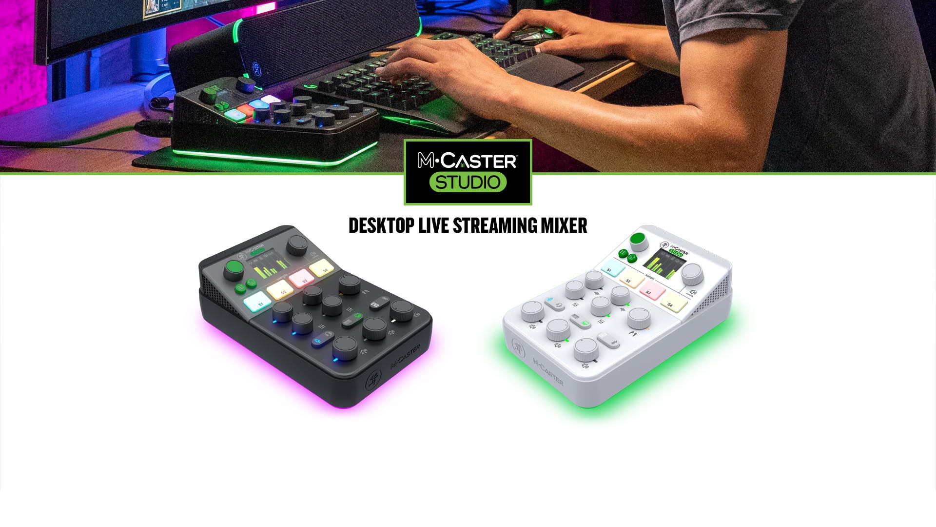 Mackie M-Caster Studio in black and white versions- Audio mixer for live stream content creation with sample pads, metering, and adjustable levels