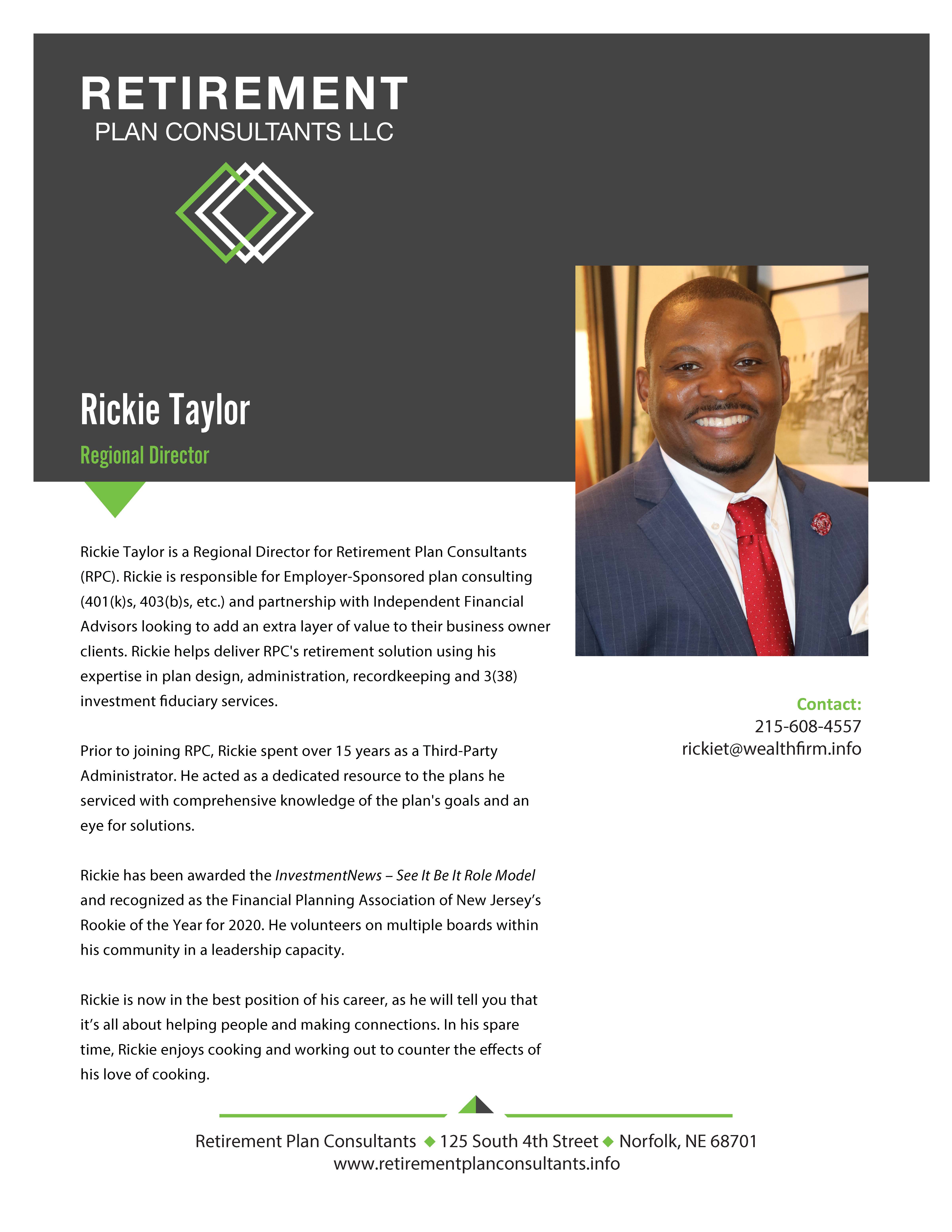 APEG Rickie Taylor, Regional Director, Retirement Plan Consultants, LLC