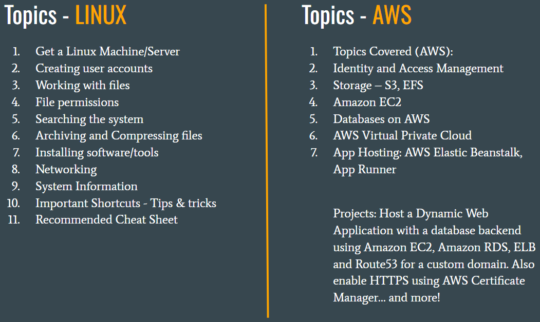 Topics covered in the Linux and AWS course.