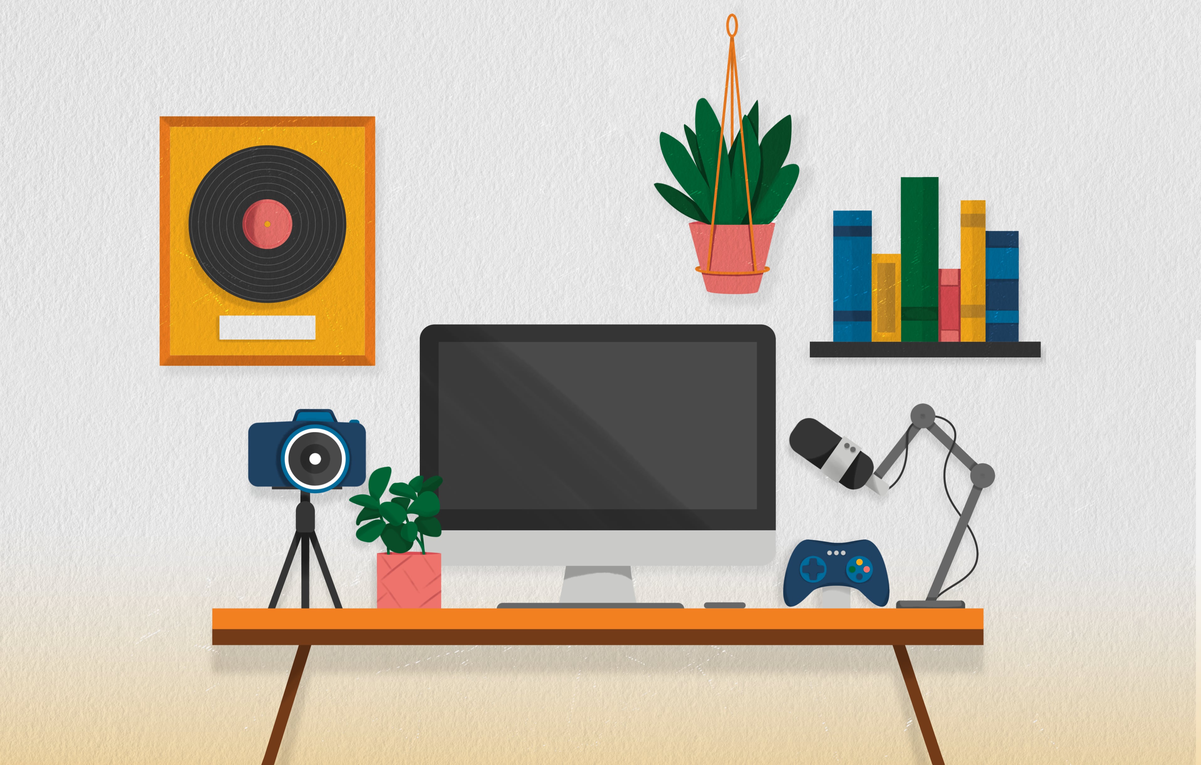 Desk with creator-inspired items: Vinyl, Camera, Mic, Computer, Books