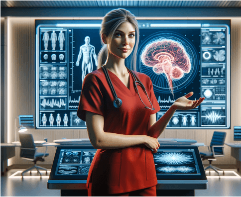 A confident female medical professional, dressed in a red scrub with a stethoscope around her neck, is presenting digital images of medical scans, including a prominent brain scan, in a high-tech diagnostic room.