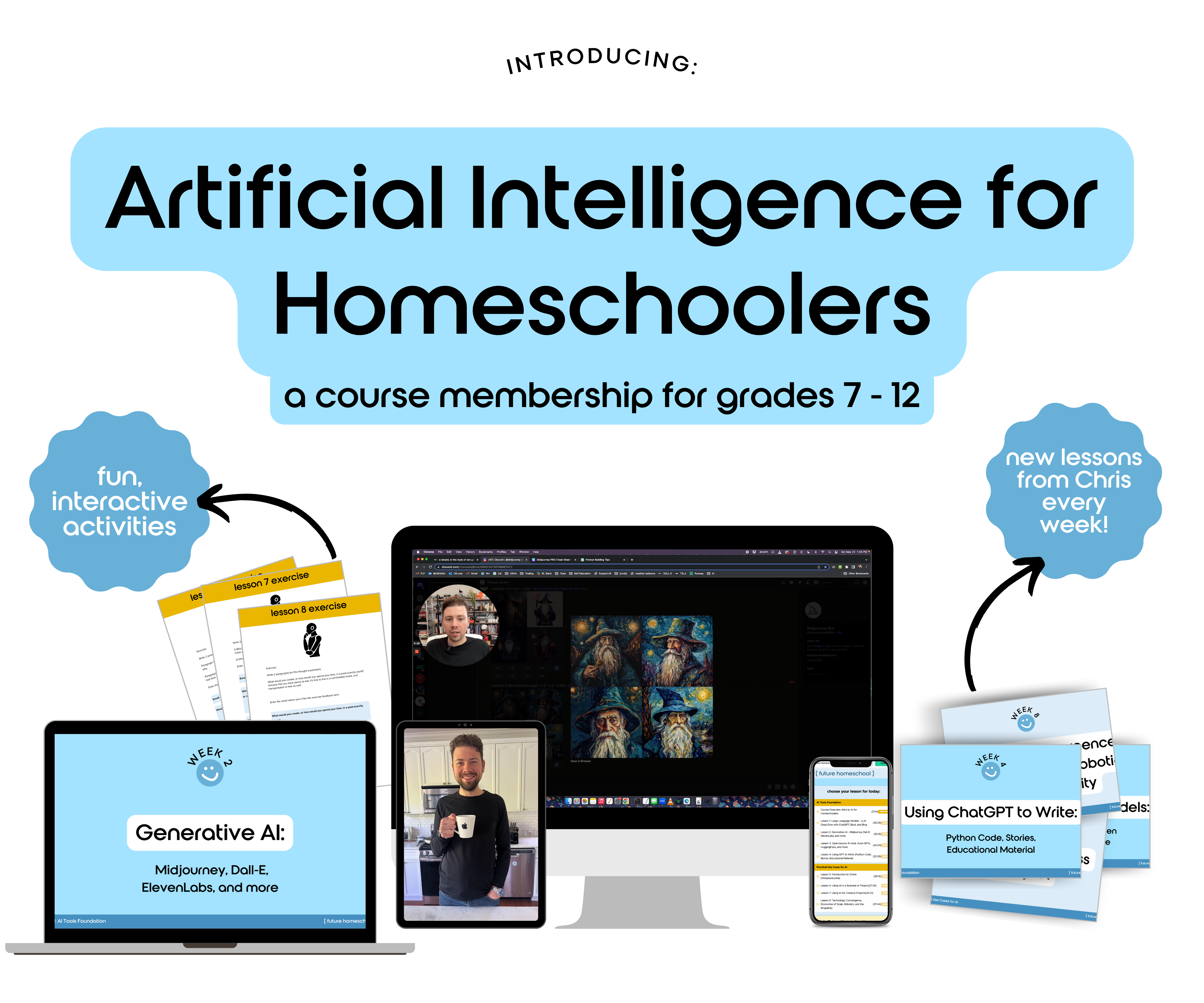 a mockup of the course: intro to artificial intelligence, an online course for homeschoolers. a computer, laptop, and mobile preview of the course