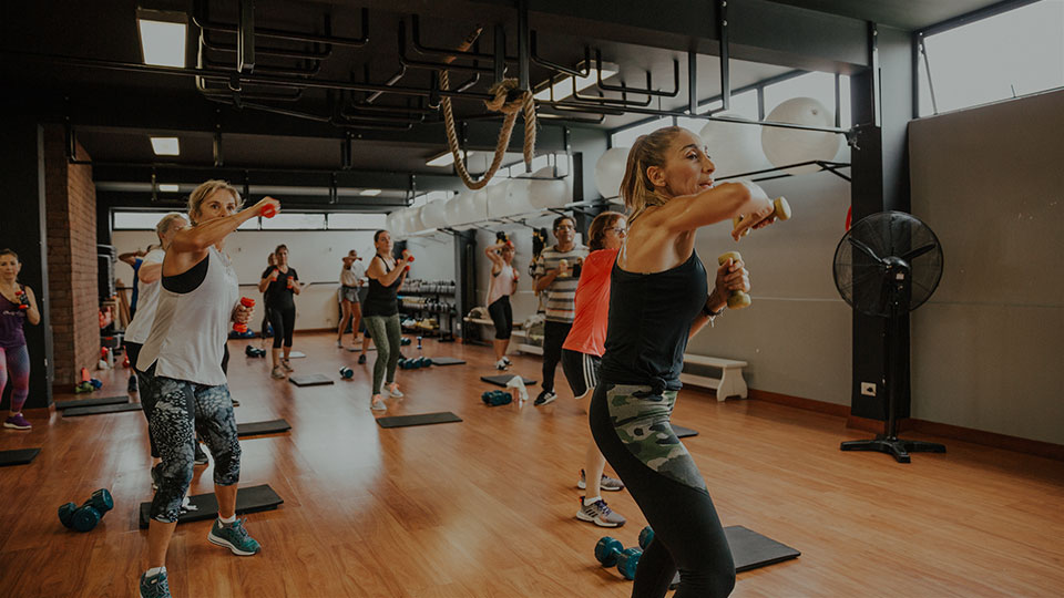 Mujeres entrenan con mancuernas