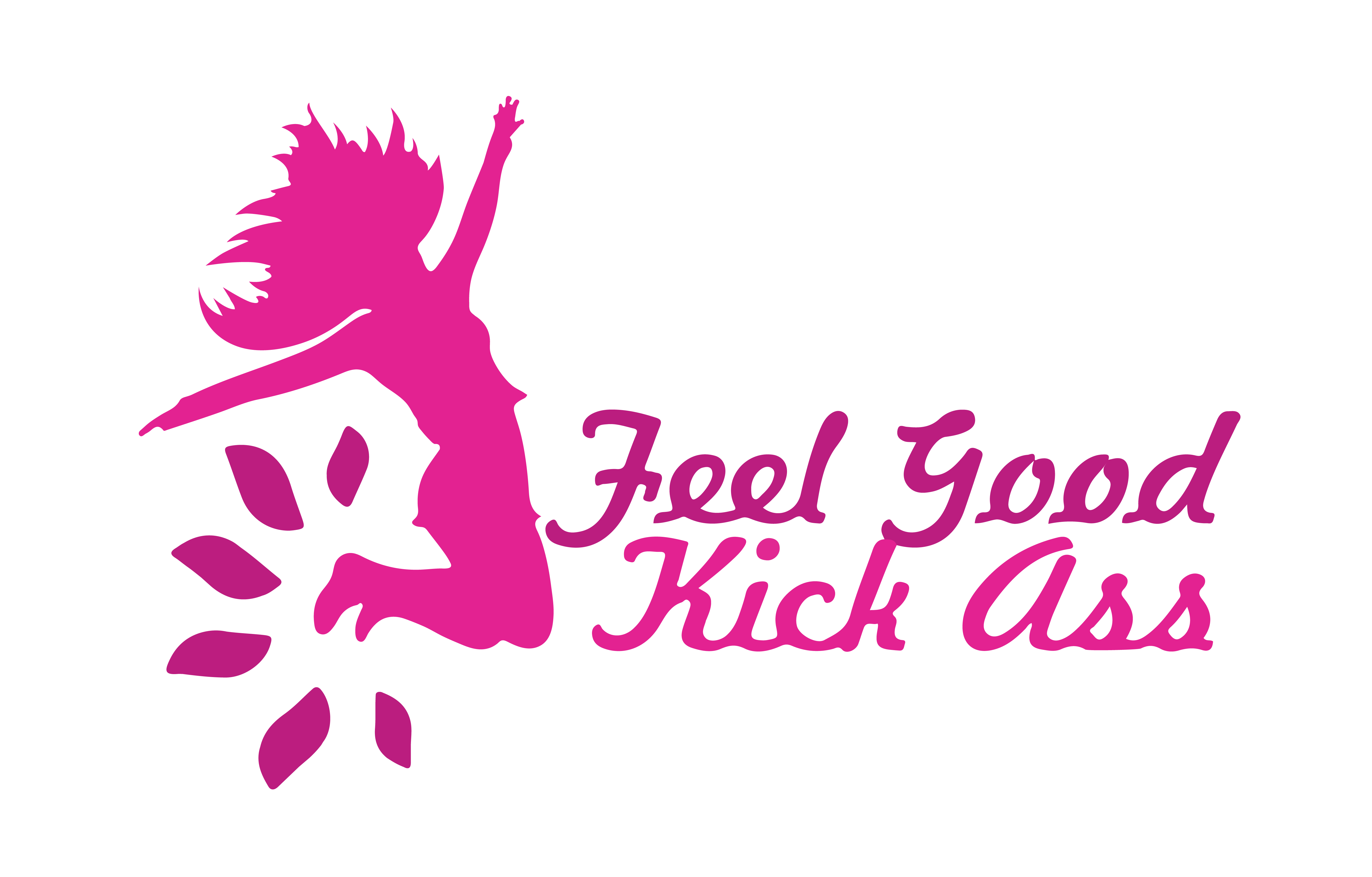 logo of woman jumping in the air on the left with the words FEEL GOOD KICK ASS on the right