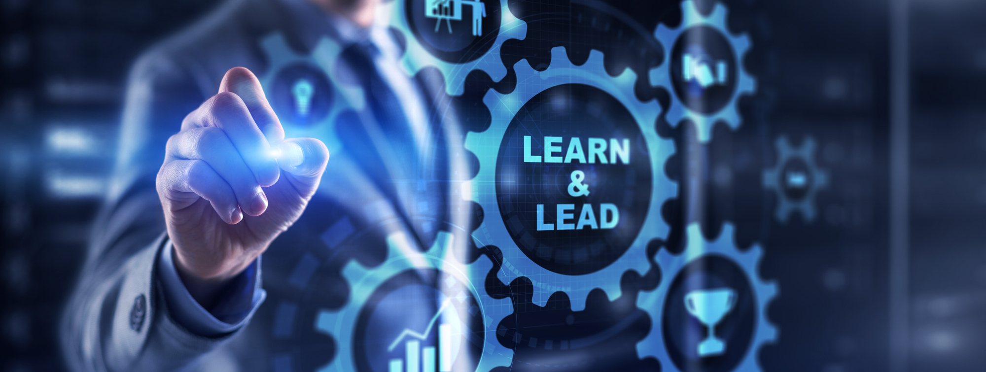 Learn and Lead background with a man touching the screen with his fingers