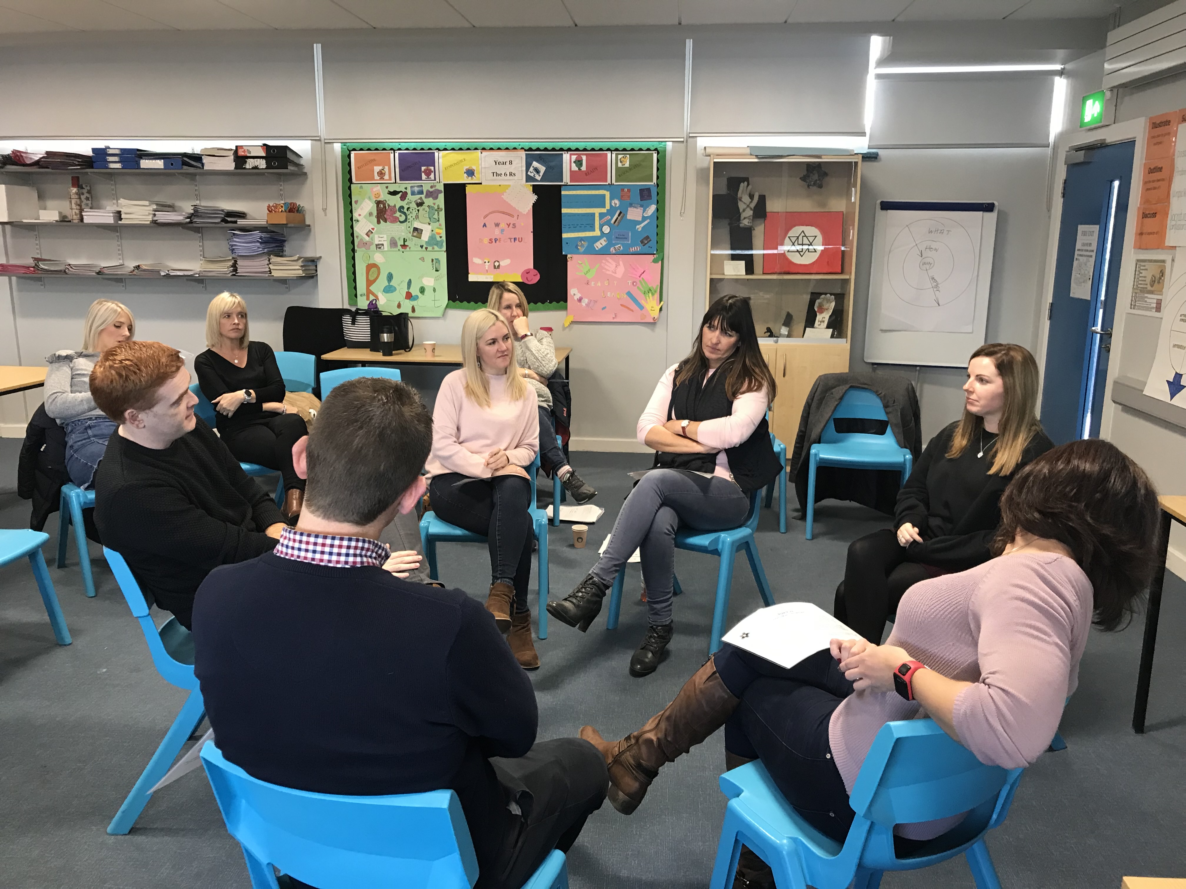 A group of teachers role playing a restorative conference, one teacher is clearly angry, sitting with her arms crossed defensively across her body while another teacher is talking to her.