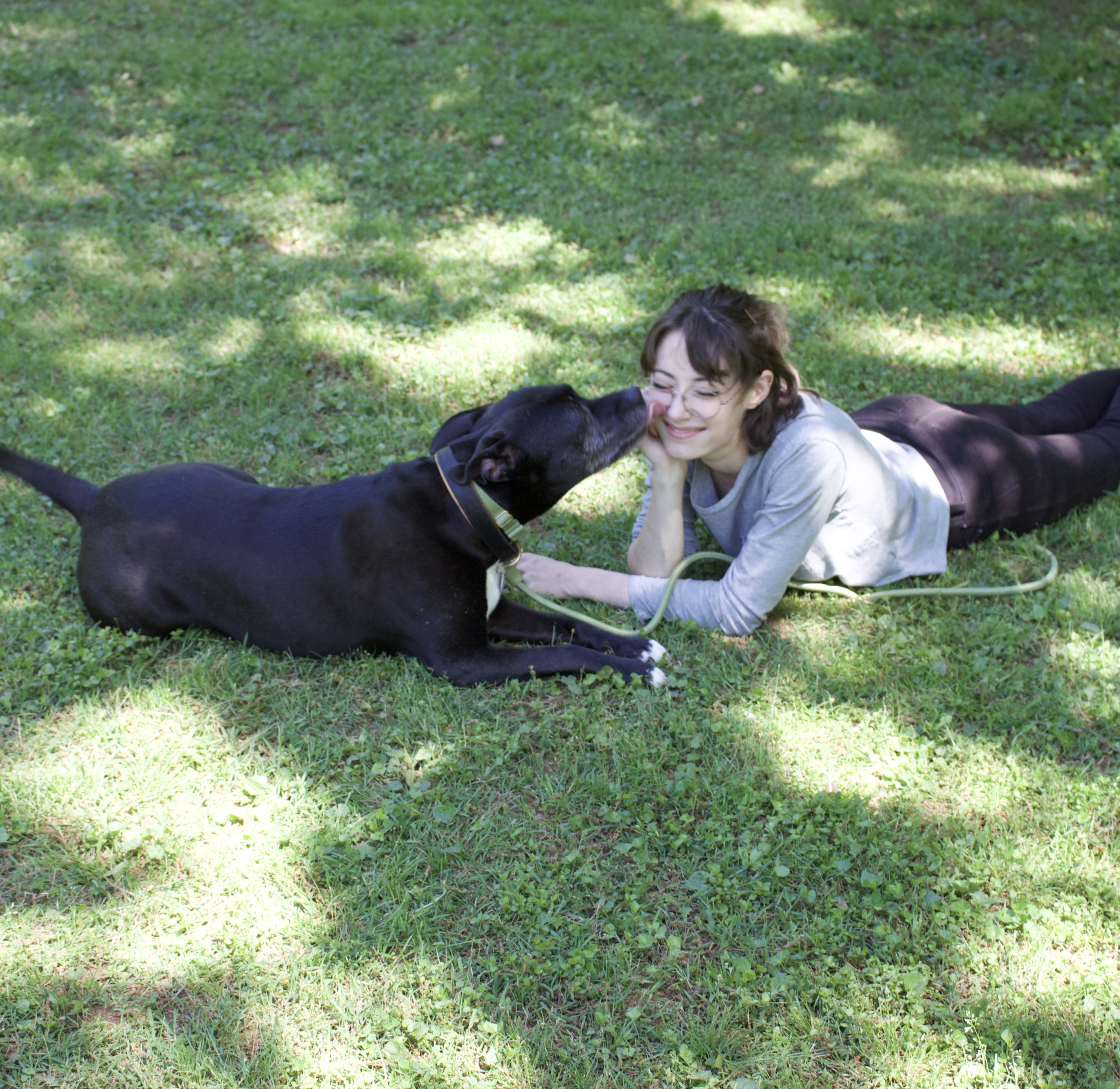 person laying on grass with dog licking their face