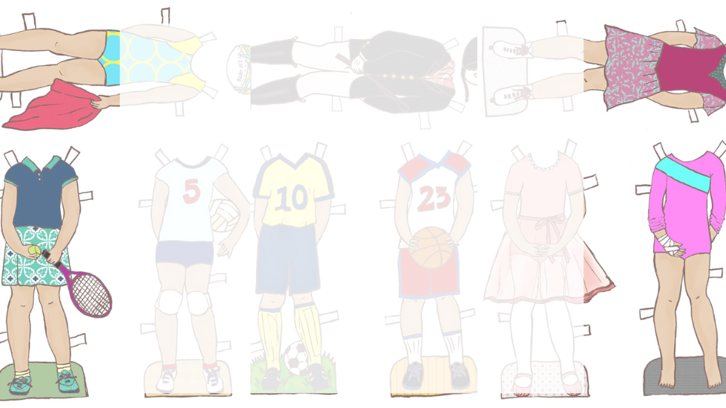 Paper Dolls Girls in Sports Bundle showcasing tennis, volleyball, gymnastics, basketball, soccer, ballet paper doll outfits.