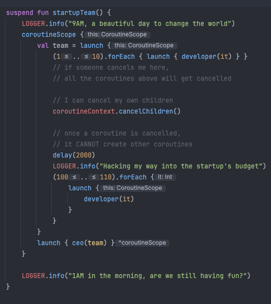 A picture of Kotlin code running coroutines