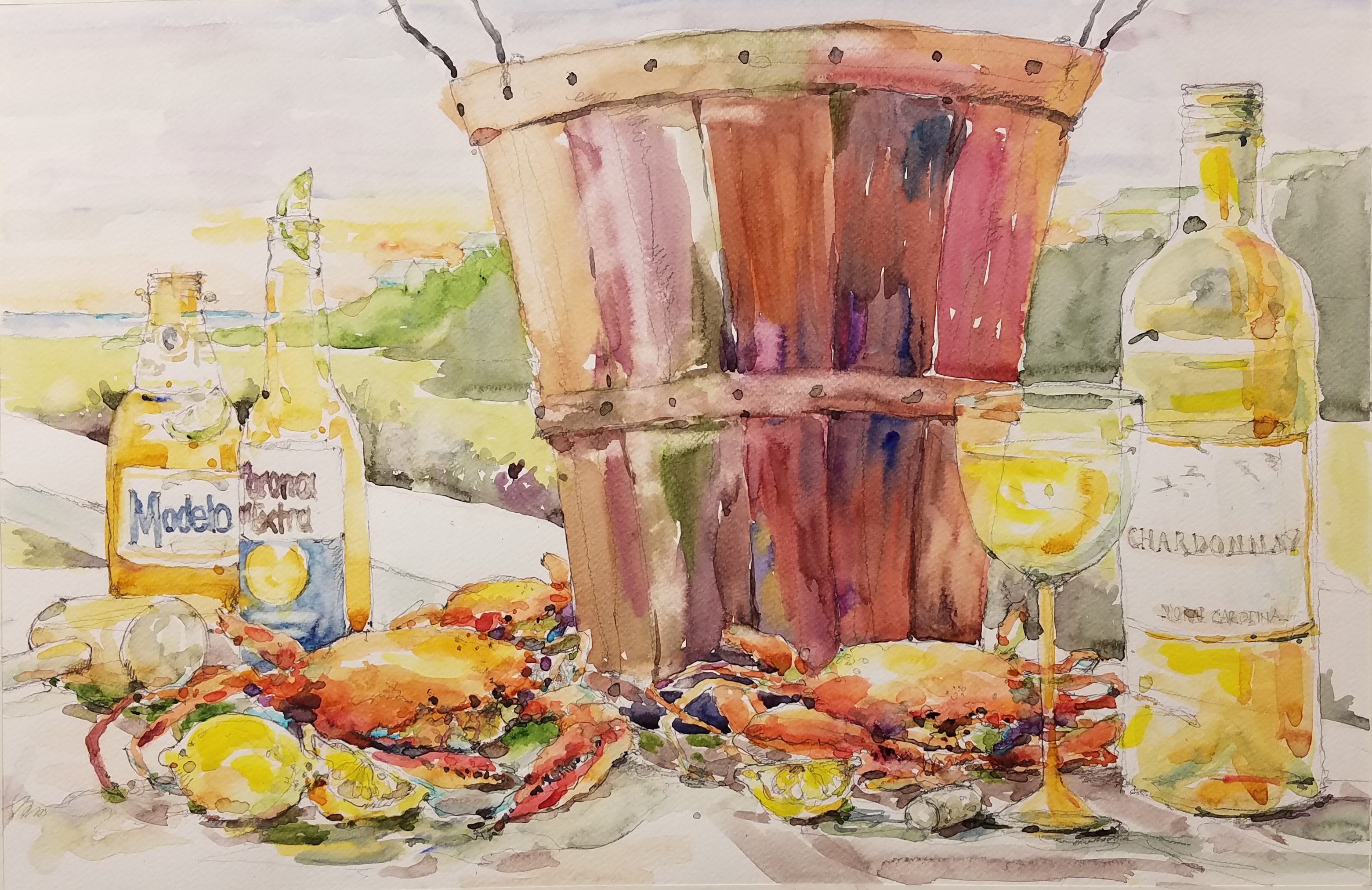 Oil painting of beer and crabs, testimonial from student, Christie Jones of RL Caldwell Studio