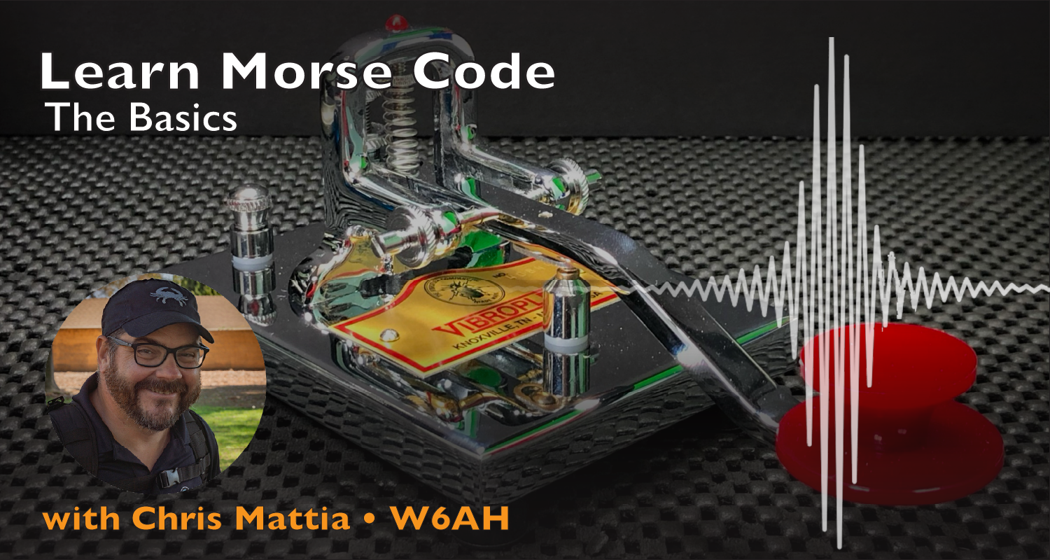 Learn Morse Code course thumbnail image contains a chrome Morse Code key and an audio waveform. 