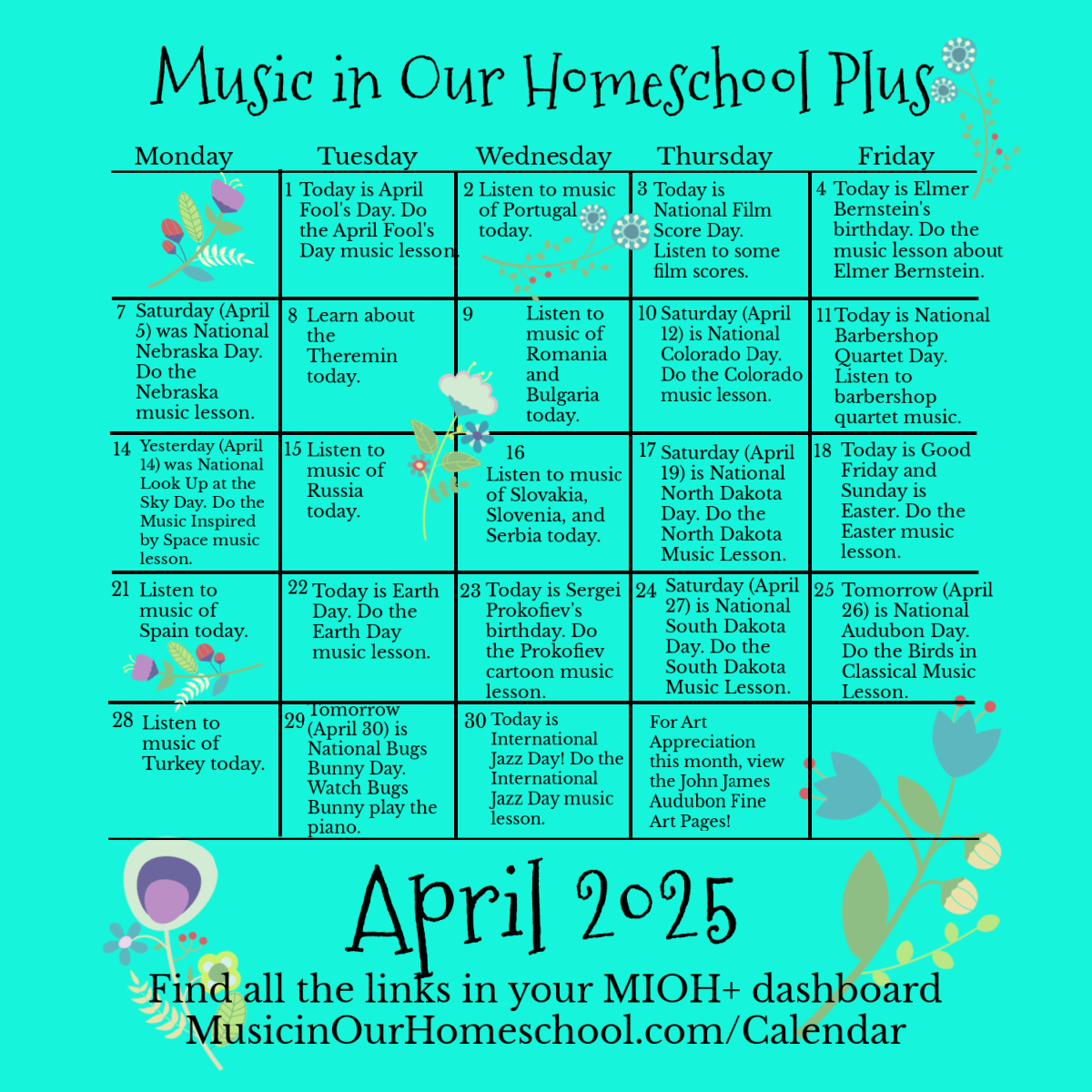 MIOH+ August 2024 Music Lesson Calendar