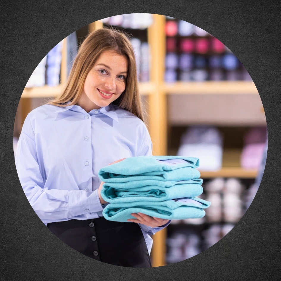 saleswoman holding stack of folded clothes in clothing store