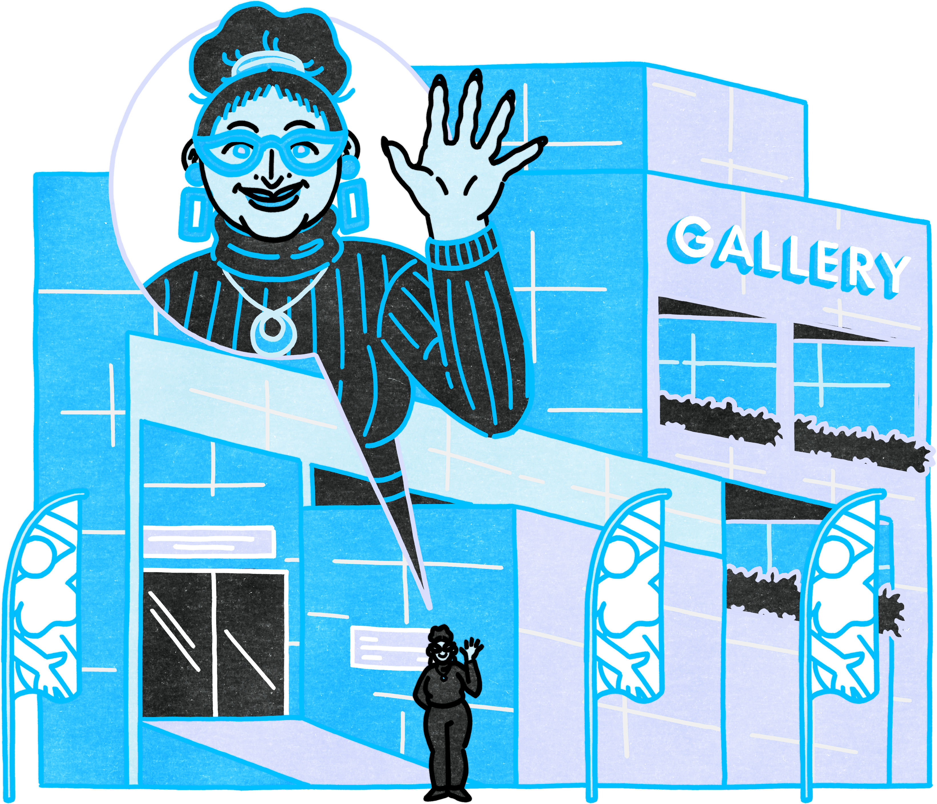 A graphic illustration in shades of blue and purple of a large gallery. There are flags out front showing a figure. The person in front is smiling and waving.